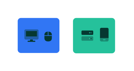 FontAwersome af computere, mus og server med blå og grønne bokse