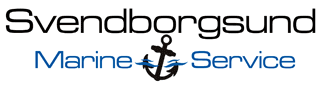 Sort og bl氓t logo med et sort anker i midten og teksten svendborgsund marine service